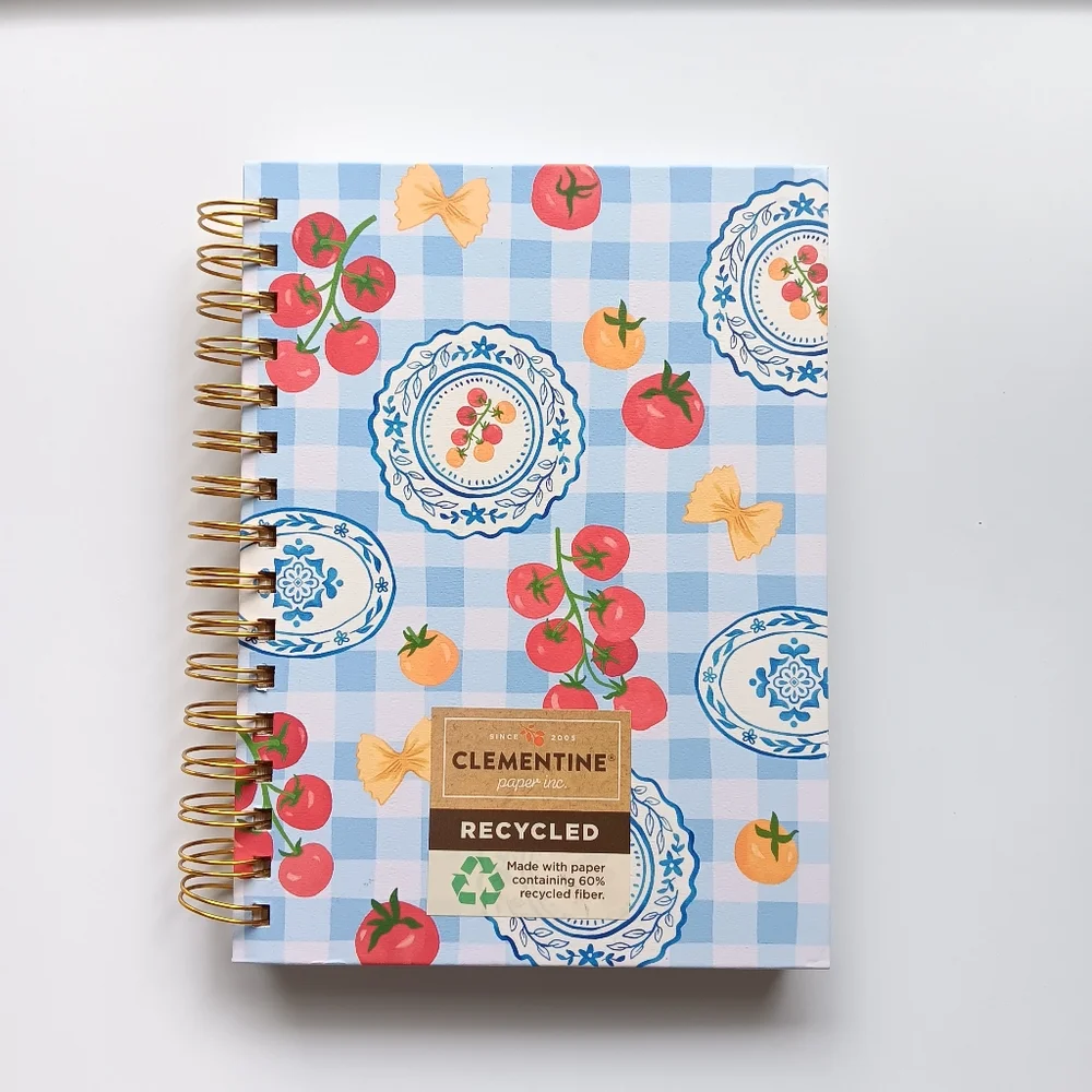 New Clementine Spiral-Bound Notebook Lined Plaid Tomatoes Pasta Food Blue White